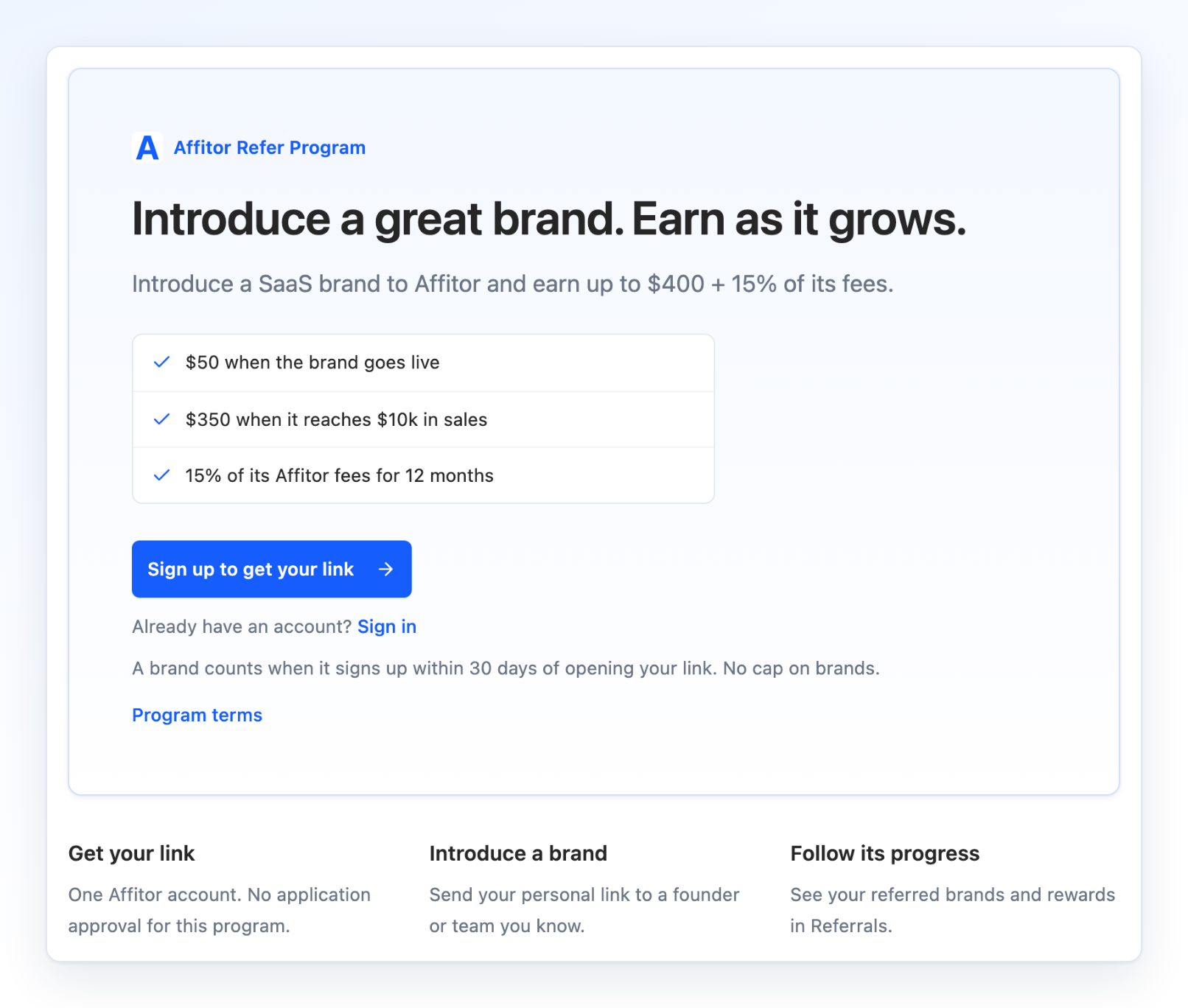 Affitor referral page with signup, sign-in and steps for getting a personal referral link