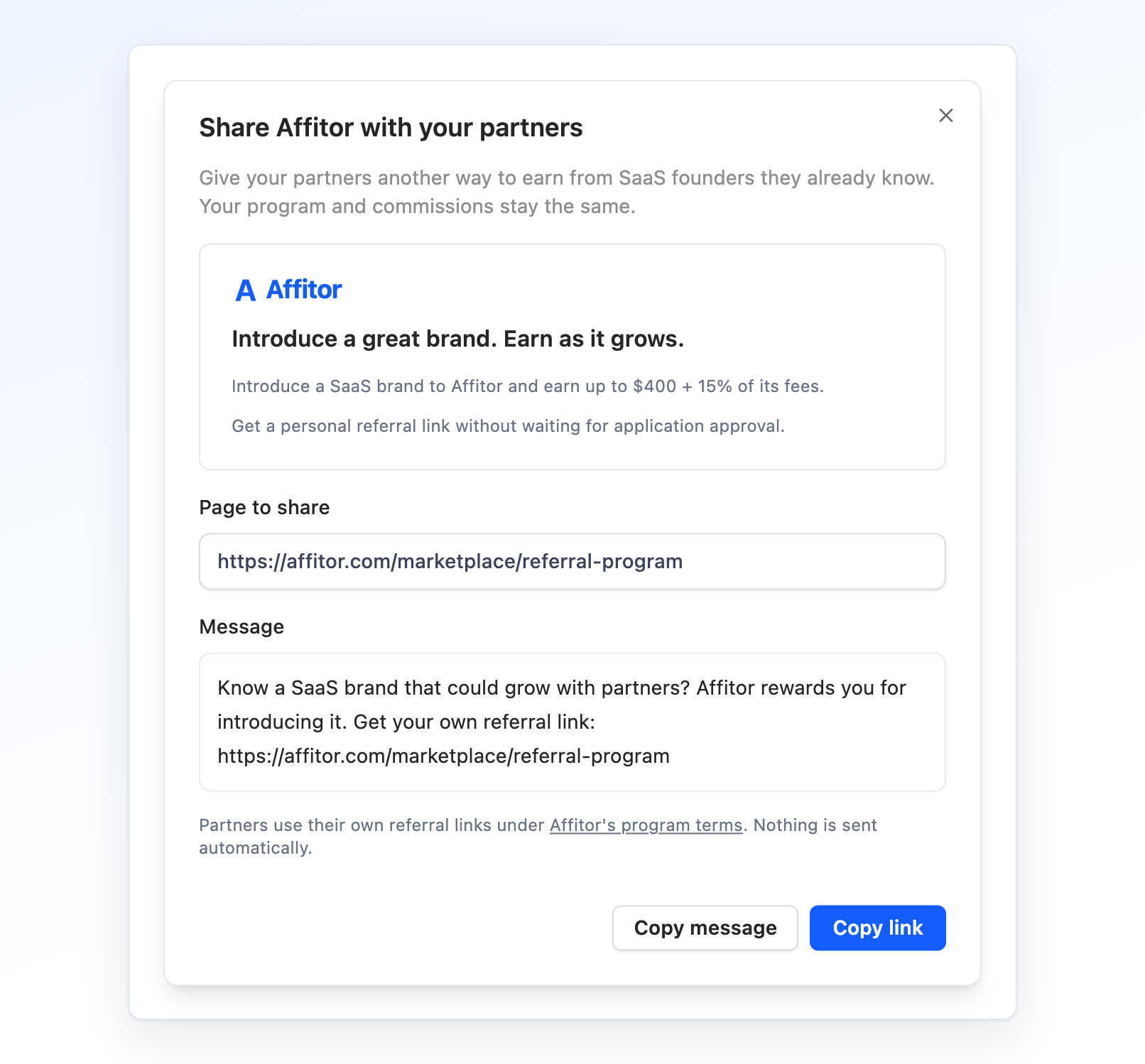 Share Affitor dialog with the public opportunity link and a message for partners
