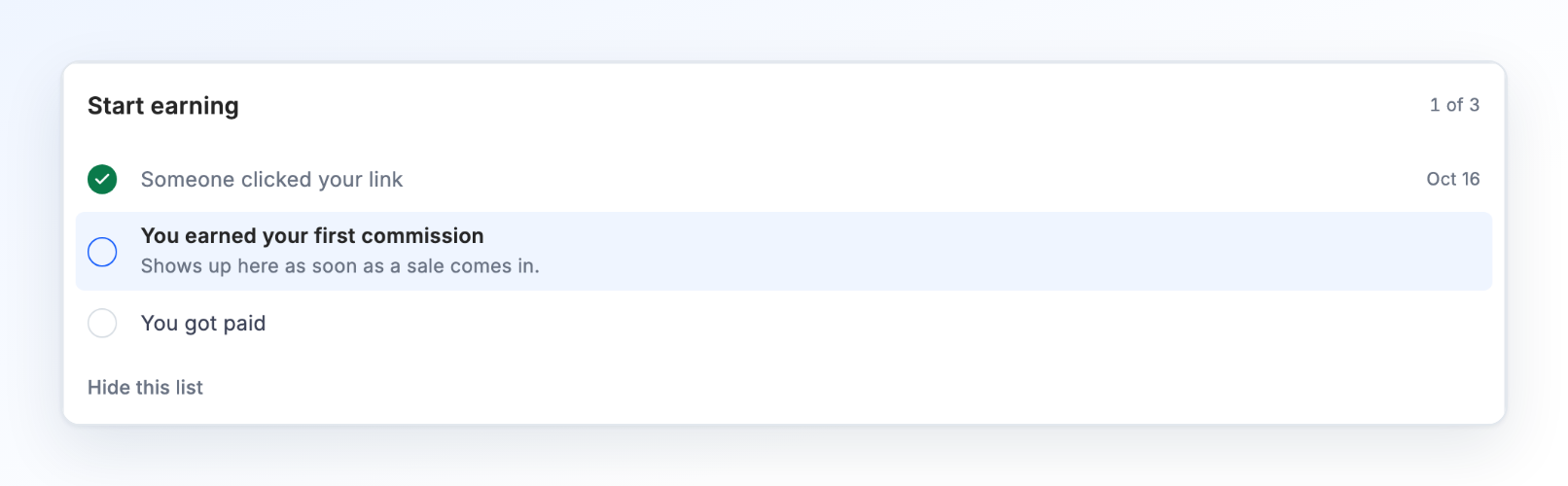 The Start earning card on a partner's Programs page, with the first click reached and the first commission as the next step