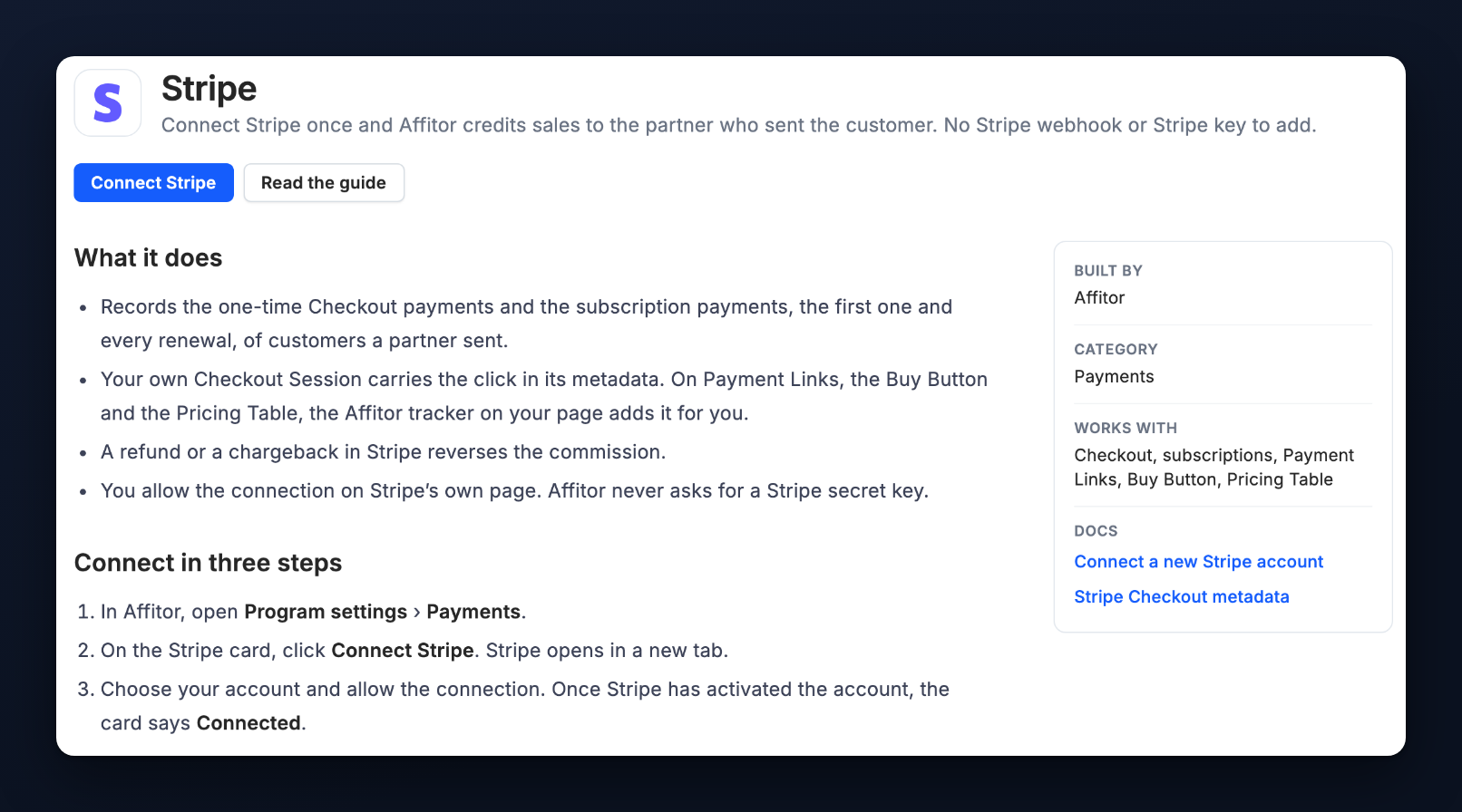 The Stripe integration page with Connect Stripe and Read the guide, what it does, and the three steps to connect